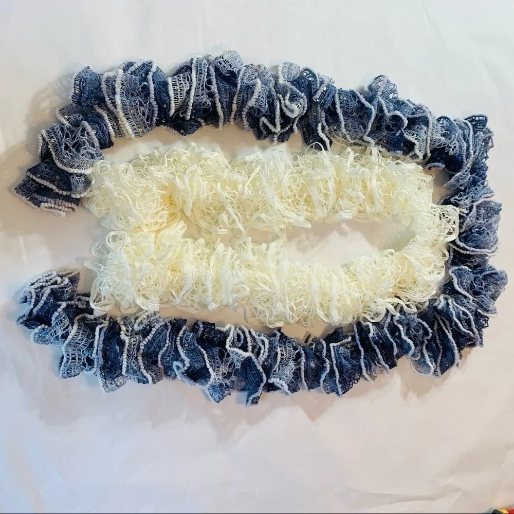 Hand crafted crocheted bell Denim Ivory 2 Piece Scarf set whimsical gypsy